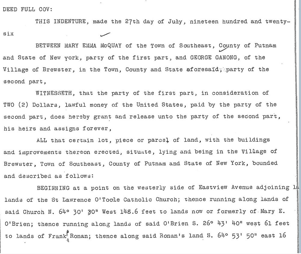 Typed 1926 warranty deed, Liber 138 page 135: 'THIS INDENTURE... BETWEEN MARY EMMA McQUAY... and GEORGE GANONG'; the parcel description begins on the westerly side of Eastview Avenue adjoining lands of the St. Lawrence O'Toole Catholic Church.