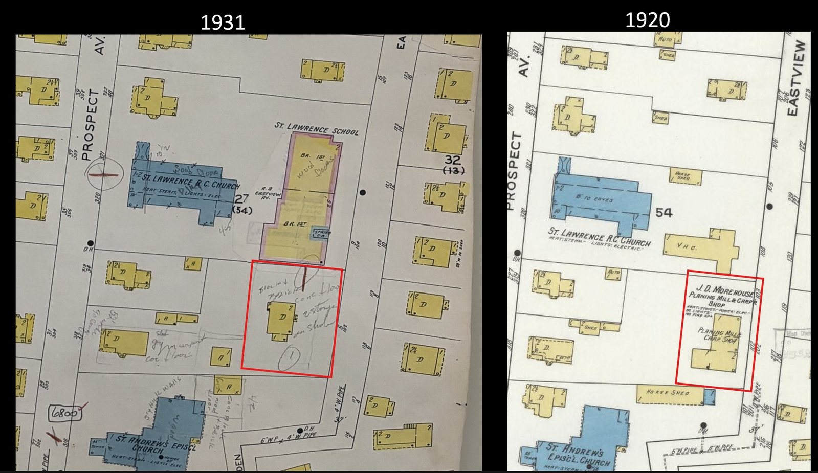 Side-by-side detail of two Sanborn maps. The 1931 sheet (left) shows St. Lawrence R.C. Church and St. Lawrence School with a two-story dwelling red-boxed at the south end of the block. The 1920 sheet (right) shows the same block with 'J. D. Morehouse Planing Mill & Carp Shop' red-boxed in the same south-end position.