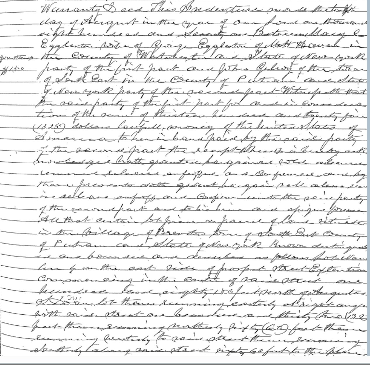 First page of a handwritten warranty deed dated August 12, 1871, Mary C. Eggleston to John Gilroy, for thirteen hundred and twenty-five dollars, conveying a lot on the east side of Prospect Street Extension in the Village of Brewster.