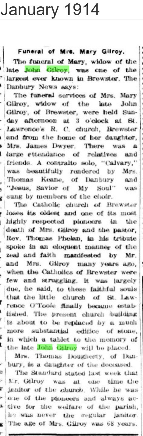 Newspaper clipping, 'Funeral of Mrs. Mary Gilroy,' reporting the funeral of Mary, widow of the late John Gilroy; Rev. Thomas Phelan's tribute crediting the Gilroys with the parish's establishment; a planned tablet to John Gilroy in the new stone church; and a correction that he was never the regular janitor. Her age is given as 68.