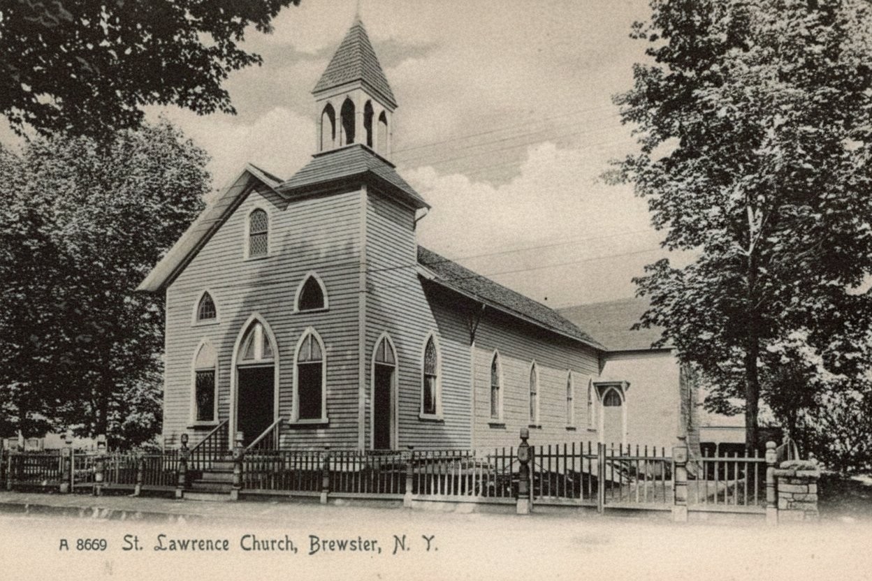 Sepia postcard captioned 'St. Lawrence Church, Brewster, N.Y.' showing a wooden Gothic-windowed church with a bell tower behind an iron fence.