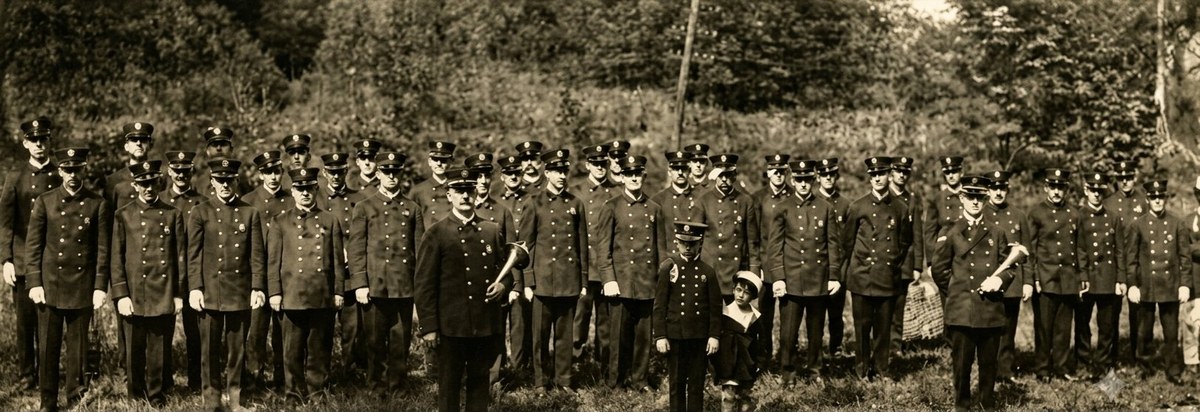 A wide group portrait of the Brewster Volunteer Fire Department, c.1920. Roughly forty men in double-breasted dark uniform coats with rows of bright buttons and peaked caps stand in two rows in a grassy clearing with trees behind them. Chief Morehouse stands in the front row, slightly left of center, in a chief's uniform and holding a brass speaking trumpet. A young boy in a matching child-sized fireman's uniform stands beside him, and a small girl in a sailor-style hat stands next to the boy. Another senior officer with a speaking trumpet stands on the far right. Sepia-toned photograph.