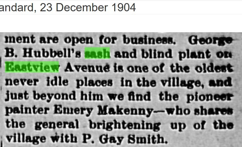 Brewster Standard clipping of December 23, 1904, describing George B. Hubbell's sash and blind plant on Eastview Avenue as 'one of the oldest never idle places in the village,' and naming the neighboring pioneer painter Emery Makenny and P. Gay Smith.