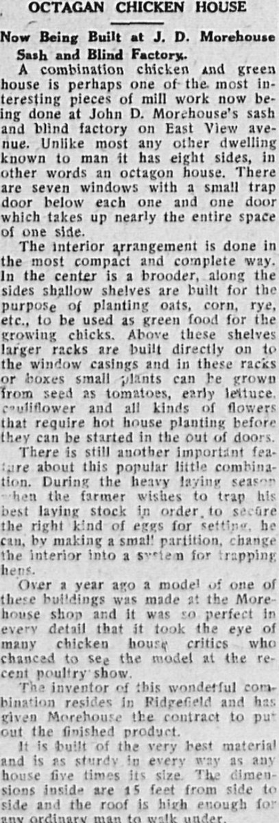 Newspaper clipping headlined 'OCTAGAN CHICKEN HOUSE / Now Being Built at J. D. Morehouse Sash and Blind Factory' from the Brewster Standard, February 2, 1923. Twelve dense paragraphs of body text describe the eight-sided design, central brooder, plant racks, hen-trapping partition, fifteen-foot interior, and the Ridgefield inventor who held the patent.