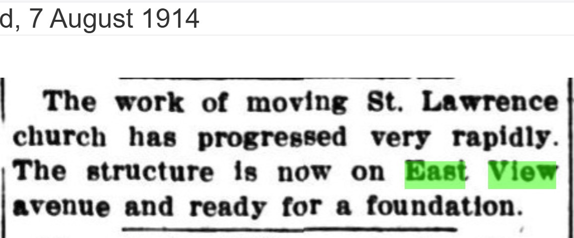 Brewster Standard clipping of August 7, 1914, reporting that the work of moving St. Lawrence church has progressed rapidly and the structure is now on East View avenue and ready for a foundation.