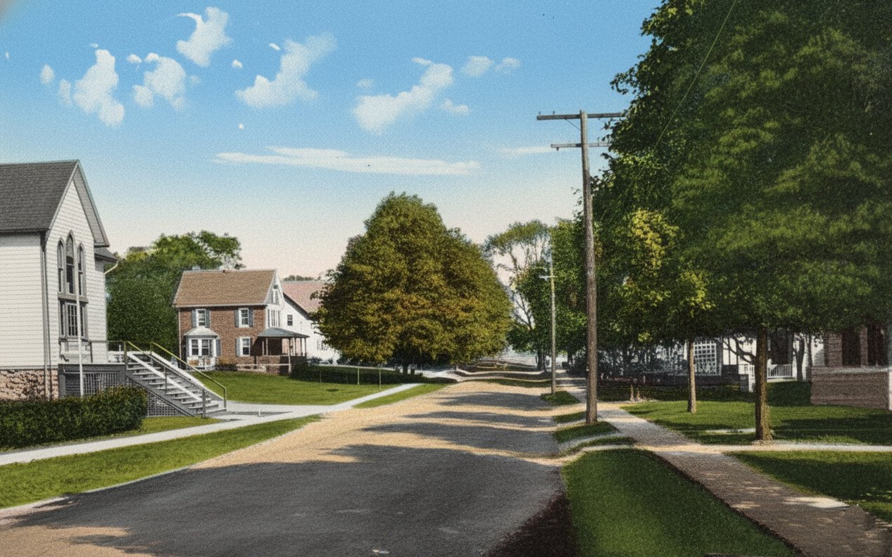 Colorized period postcard of a tree-lined residential street: a white wooden Gothic church at left behind a low fence, a brick house with a porch beyond it, a paved street curving away between shade trees and grass verges under a blue sky.