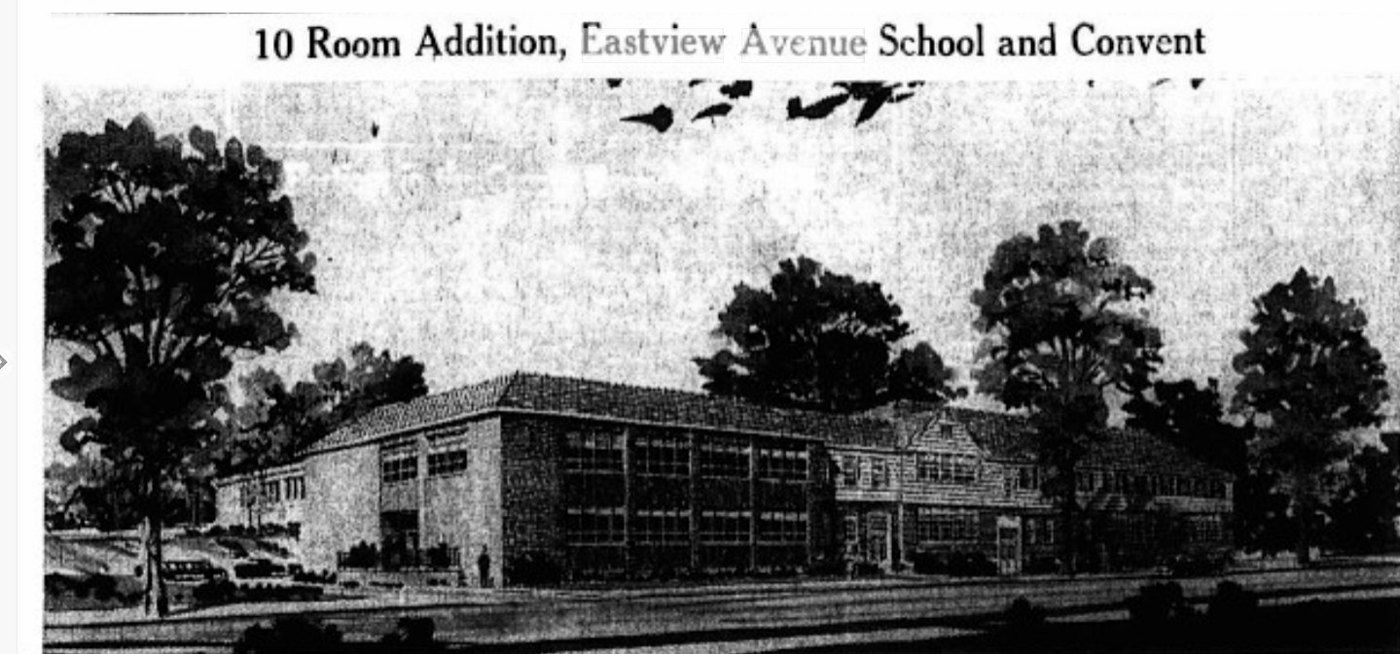Two newspaper architect's renderings: above, the Saint Lawrence O'Toole school auditorium on Prospect Street, a brick building with a pitched roof and recessed entrance; below, the ten-room Eastview Avenue school-and-convent addition, a long two-story brick range joined to an older gambrel-roofed wing.