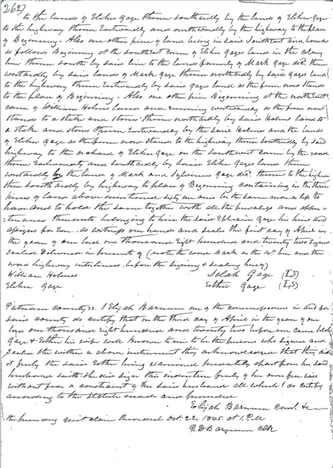Photograph of page 2 of the same 1822 quit claim deed, showing boundary descriptions and the signature block with marks for Selah Gage (L.S.) and Esther Gage (L.S.), witnesses William Holmes and Elihu Gage, and the recording note Oct. 22, 1845.