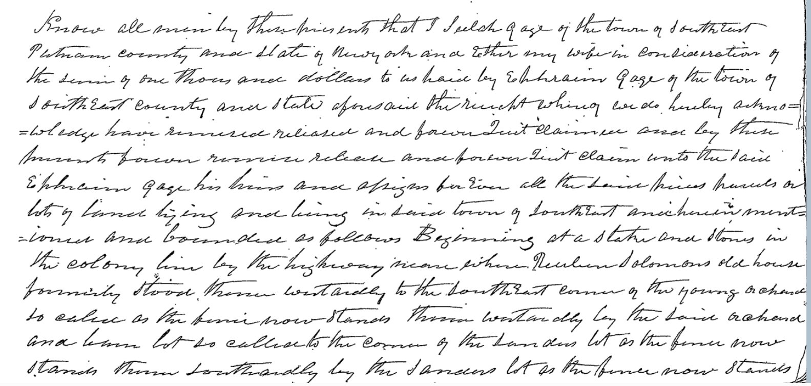 Photograph of page 1 of the handwritten Selah Gage to Ephraim Gage quit claim deed, April 1, 1822, in 19th-century cursive: "Know all men by these presents that I Selah Gage of the town of Southeast Putnam county and state of New York..."