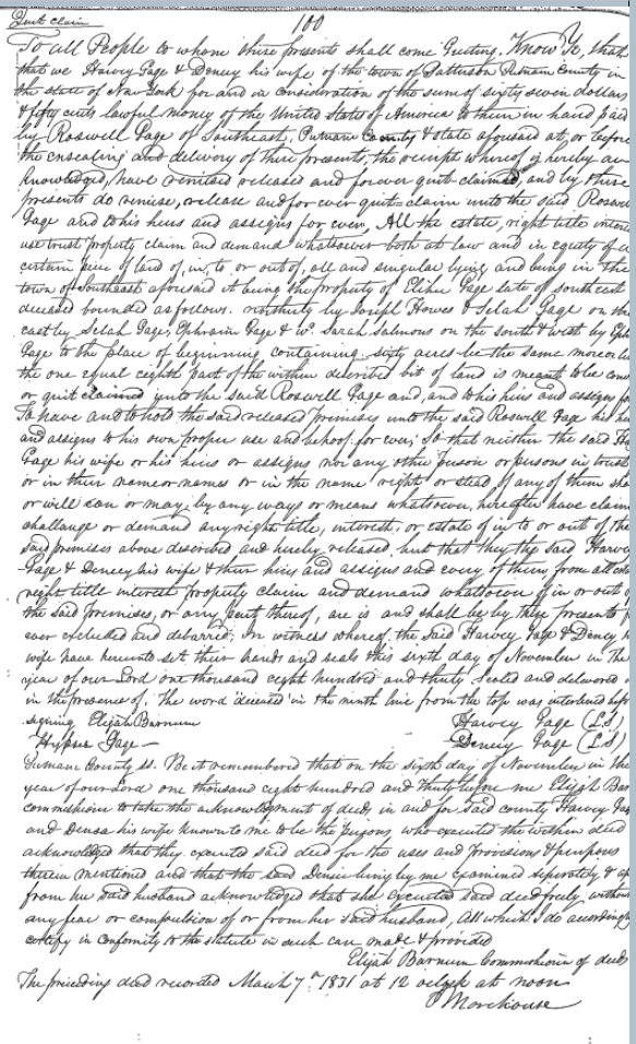 Photograph of a handwritten 1830 quit claim deed from Harvey Gage and Densy his wife to Roswell Gage, dated November 6, 1830, with the words "quit claim" in the upper left corner and the recording note "recorded March 7th 1831" near the bottom.