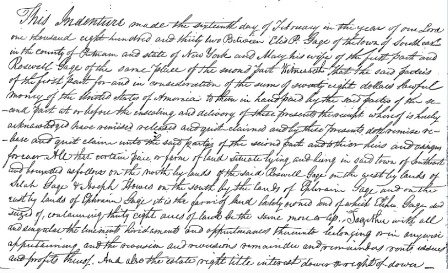 Photograph of a handwritten 1832 deed from Eli P. Gage of Southeast and Mary his wife to Roswell Gage, dated February 16, 1832, in 19th-century cursive.