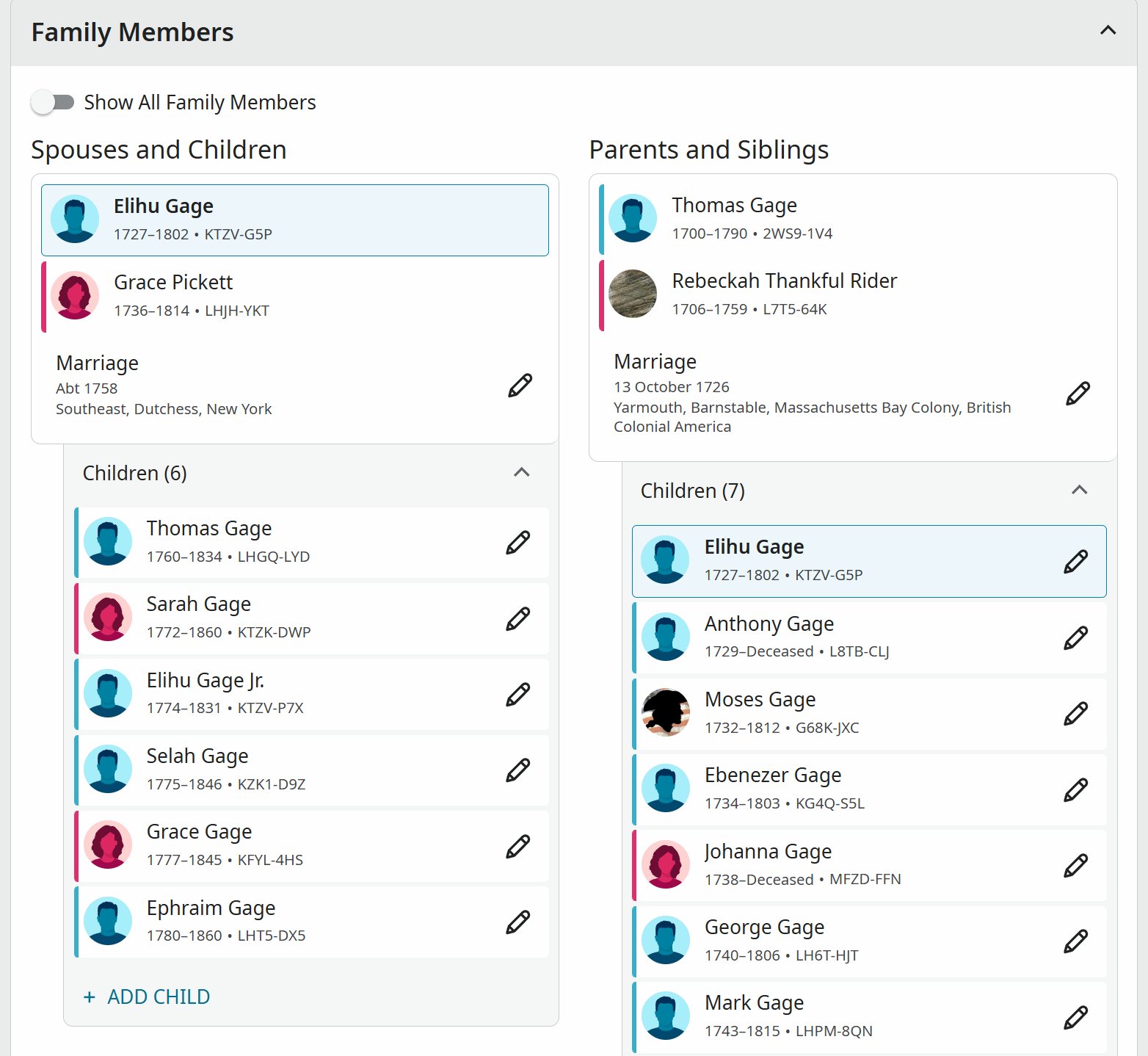 Screenshot of the FamilySearch family tree page for Elihu Gage, showing two columns: spouses and children of Elihu (left, six children) and parents and siblings (right, Thomas and Rebeckah Gage with seven children including Elihu).