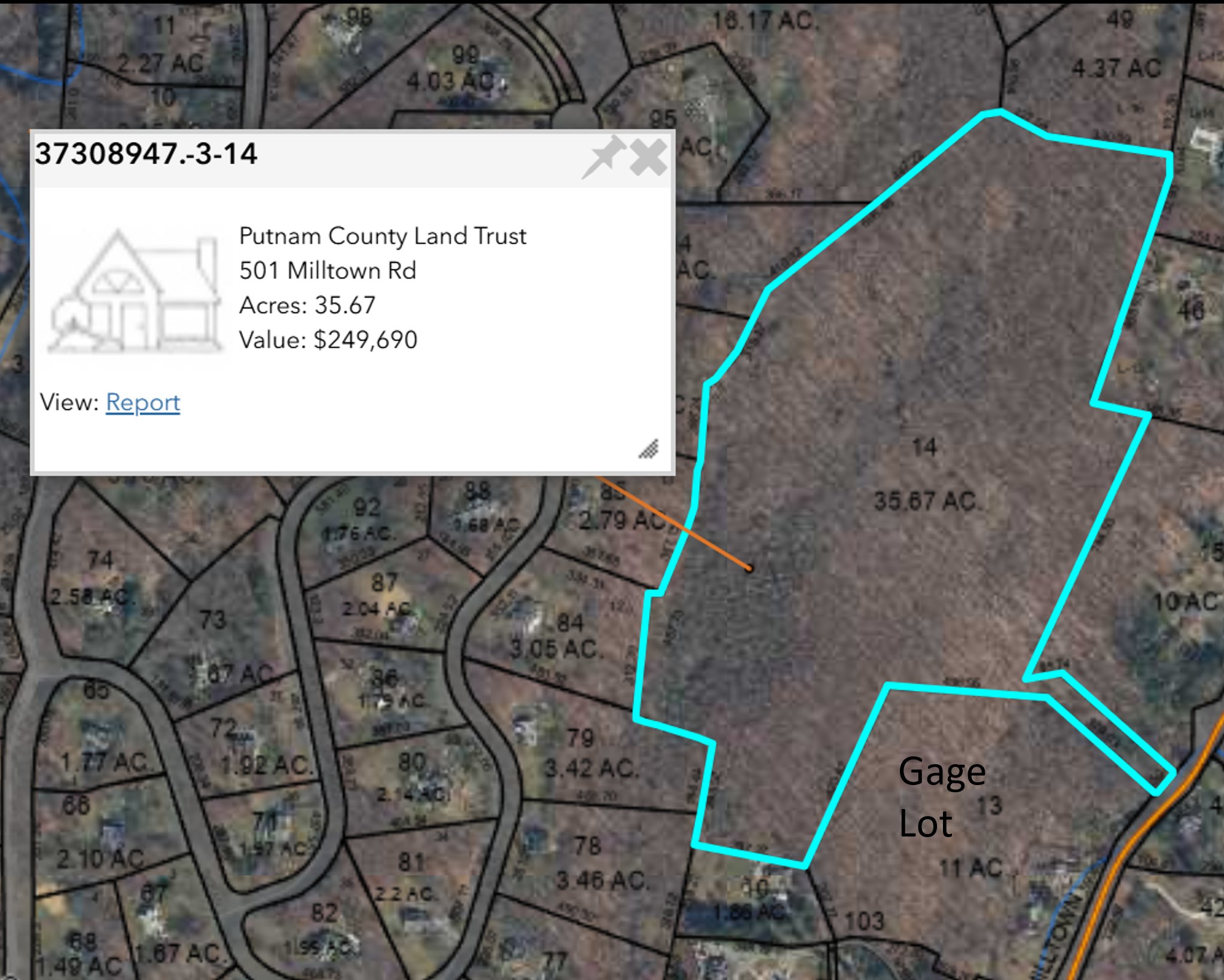 Aerial tax-map image showing parcel boundaries overlaid on satellite imagery. Lot 14 (35.67 acres, Putnam County Land Trust, 501 Milltown Road) is outlined in cyan; an adjacent lot to the south labeled "Gage Lot" (Lot 13, 11 acres) is also visible.