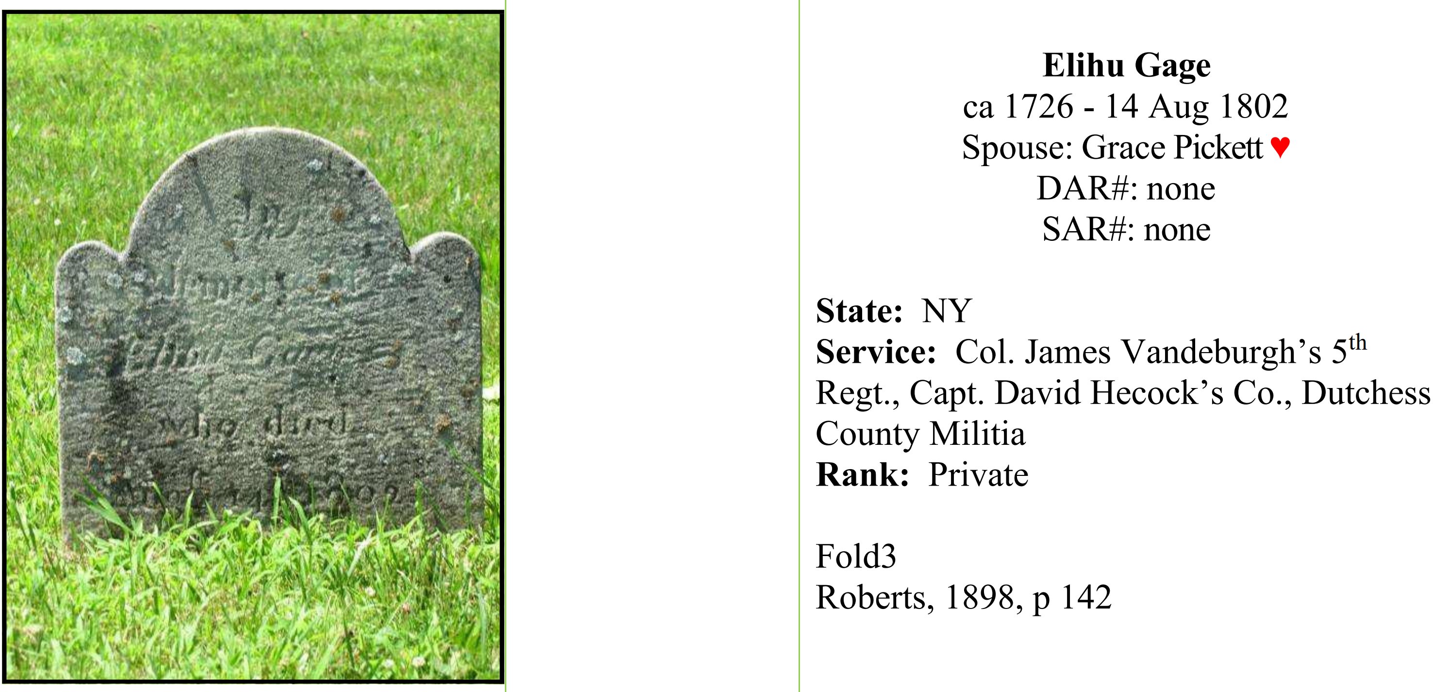 Photograph of a worn slate gravestone in tall grass, partly legible, paired with a printed SAR/DAR record card identifying Elihu Gage, ca. 1726 – 14 Aug 1802, spouse Grace Pickett, Dutchess County Militia, Rank: Private.