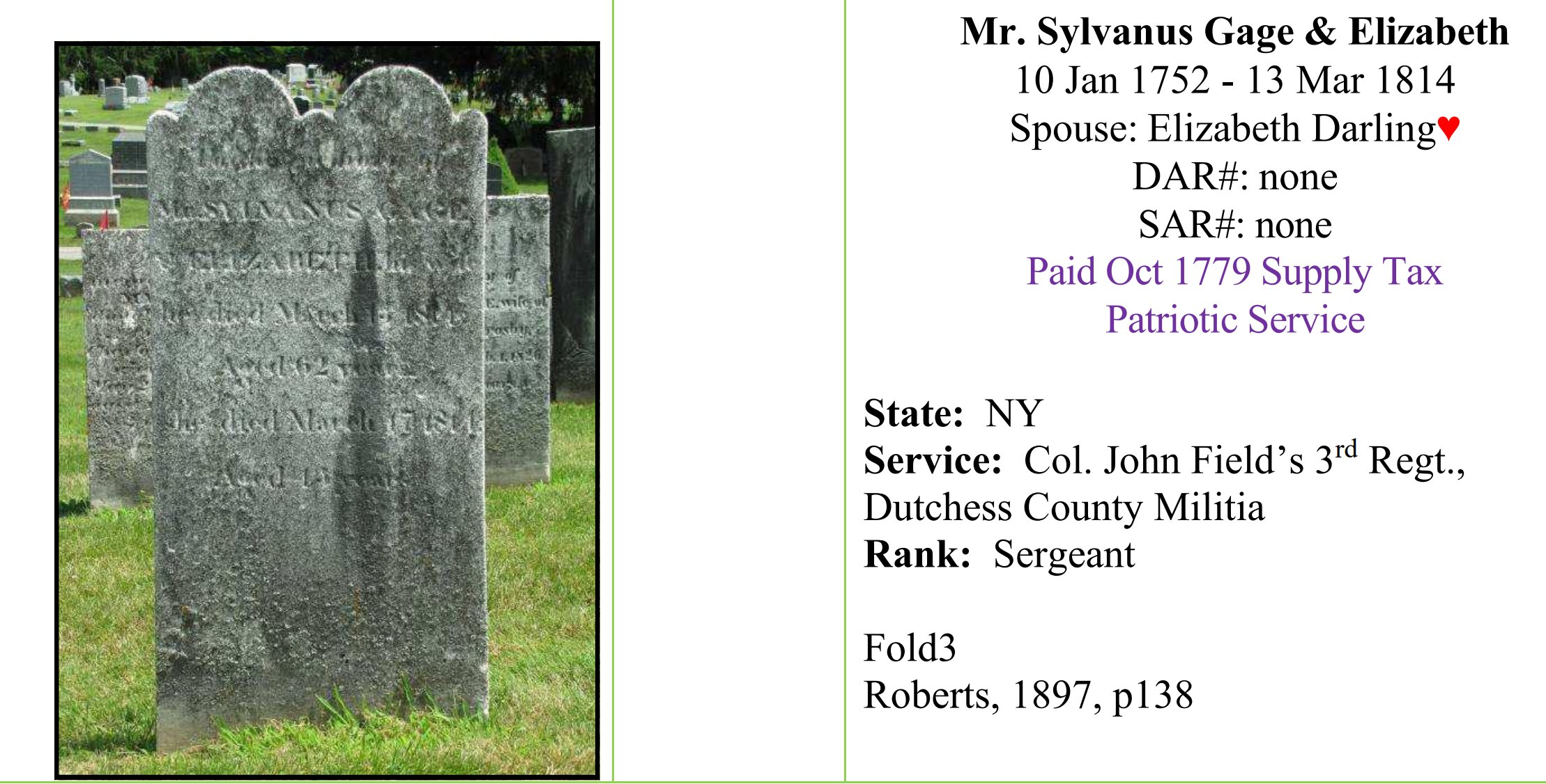 Photograph of a double-arch gravestone in a cemetery, paired with a printed SAR/DAR record card identifying Sylvanus Gage and Elizabeth, 10 Jan 1752 – 13 Mar 1814, spouse Elizabeth Darling, Patriotic Service (Paid Oct 1779 Supply Tax), Col. John Field's 3rd Regt., Dutchess County Militia, Rank: Sergeant.