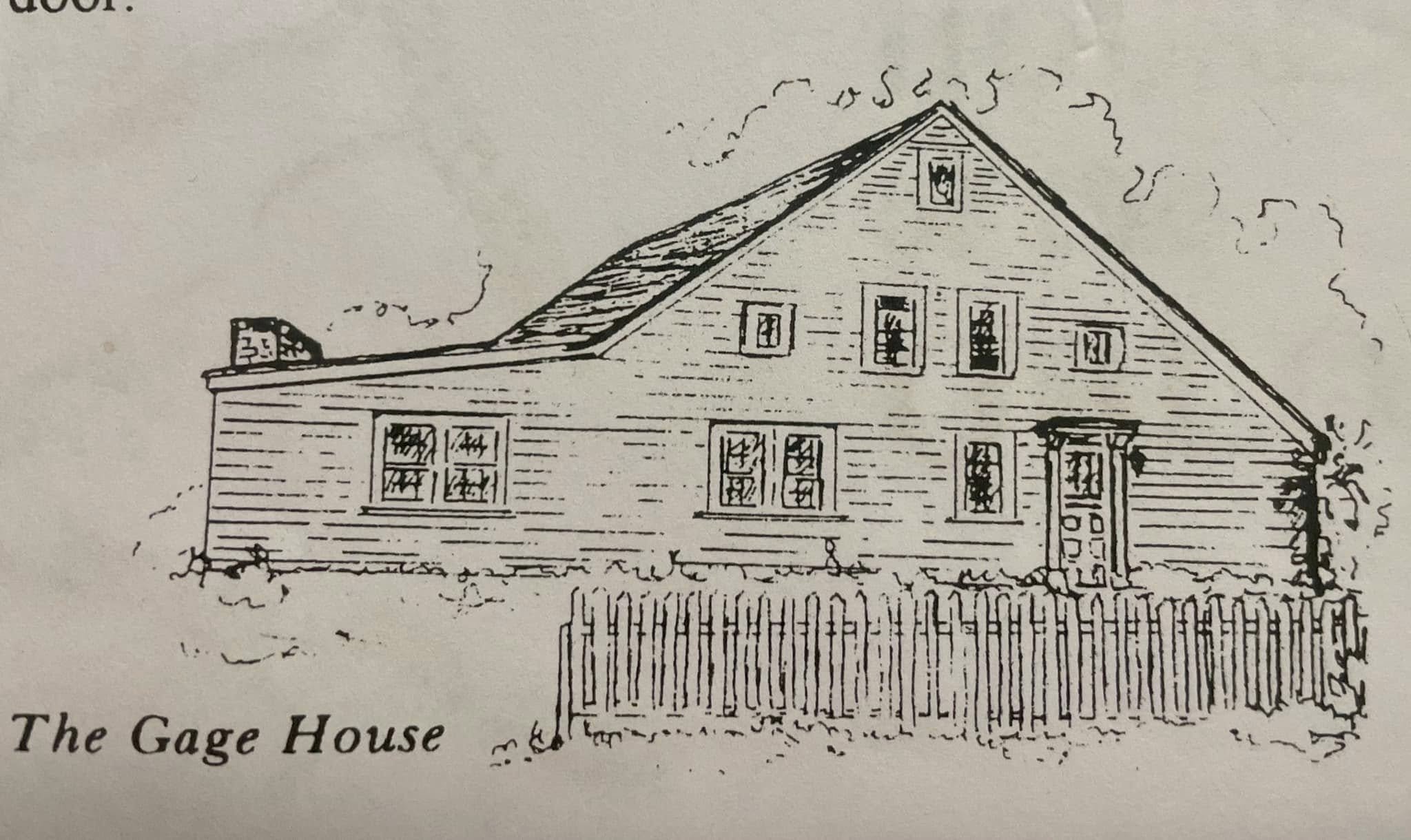 Black-and-white pen-and-ink architectural sketch of the Gage House, captioned "The Gage House," showing the saltbox form with chimney, multiple windows, and a picket fence in front.