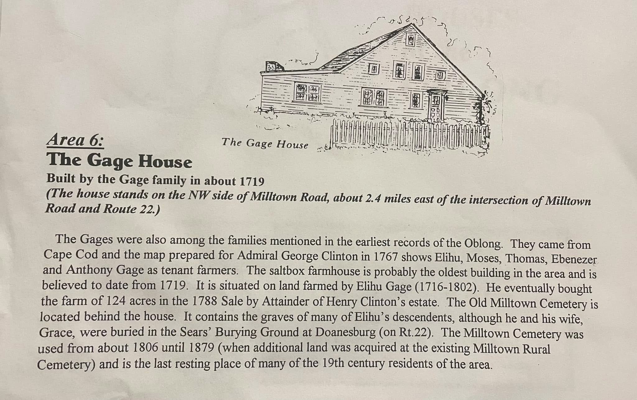 Photograph of a page from the 1997 Milltown Association "Houses of the Oblong" tour guide, showing the heading "Area 6: The Gage House" with a pen-and-ink sketch of a saltbox-style house, and a text paragraph beginning "The Gages were also among the families mentioned in the earliest records of the Oblong."