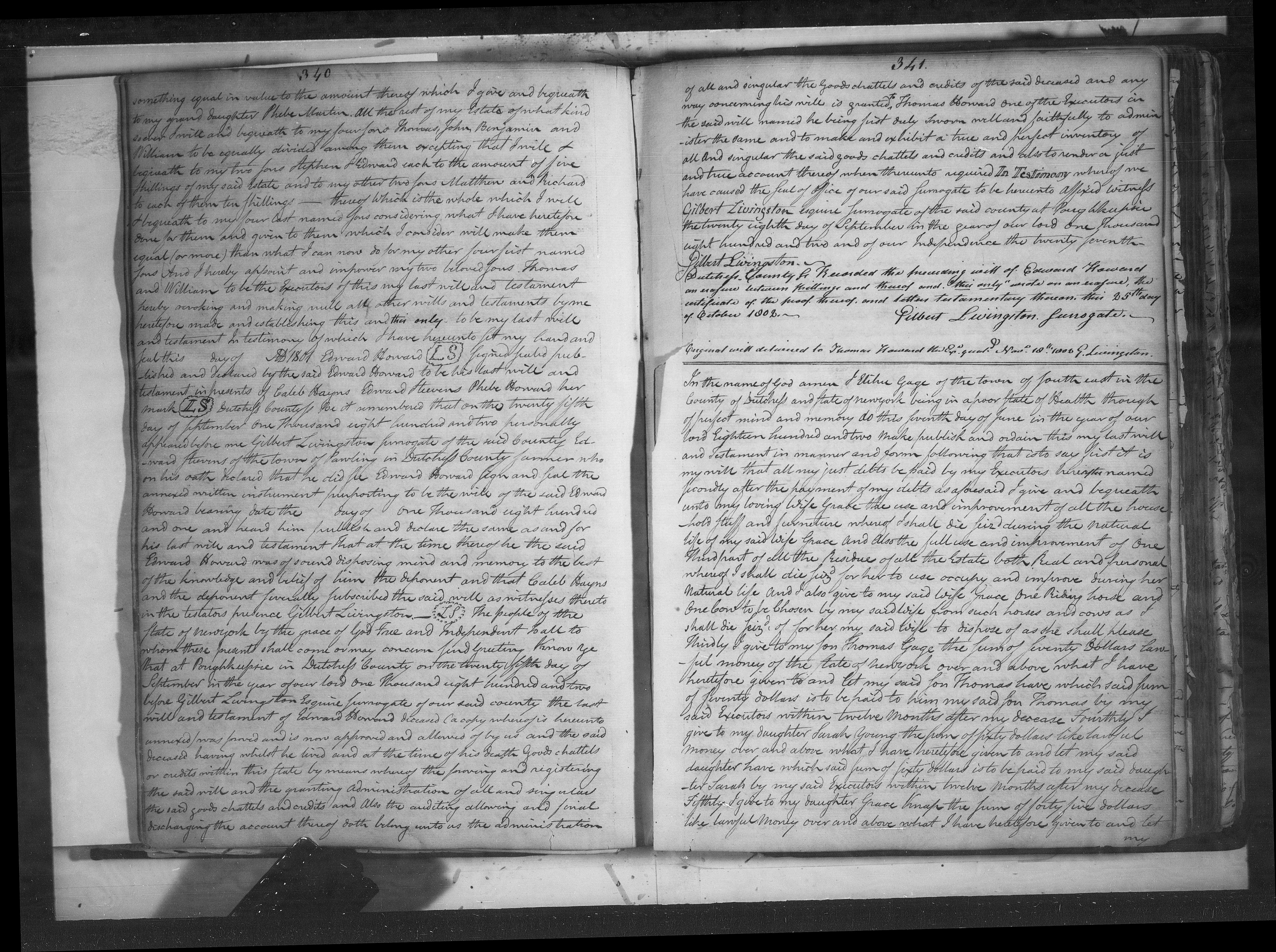 Photograph of an open Dutchess County Surrogate's Court will book at pages 340 and 341. The right-hand page begins Elihu Gage's will, in 19th-century handwriting: "In the name of God amen I Elihu Gage of the town of South east in the county of Dutchess..."