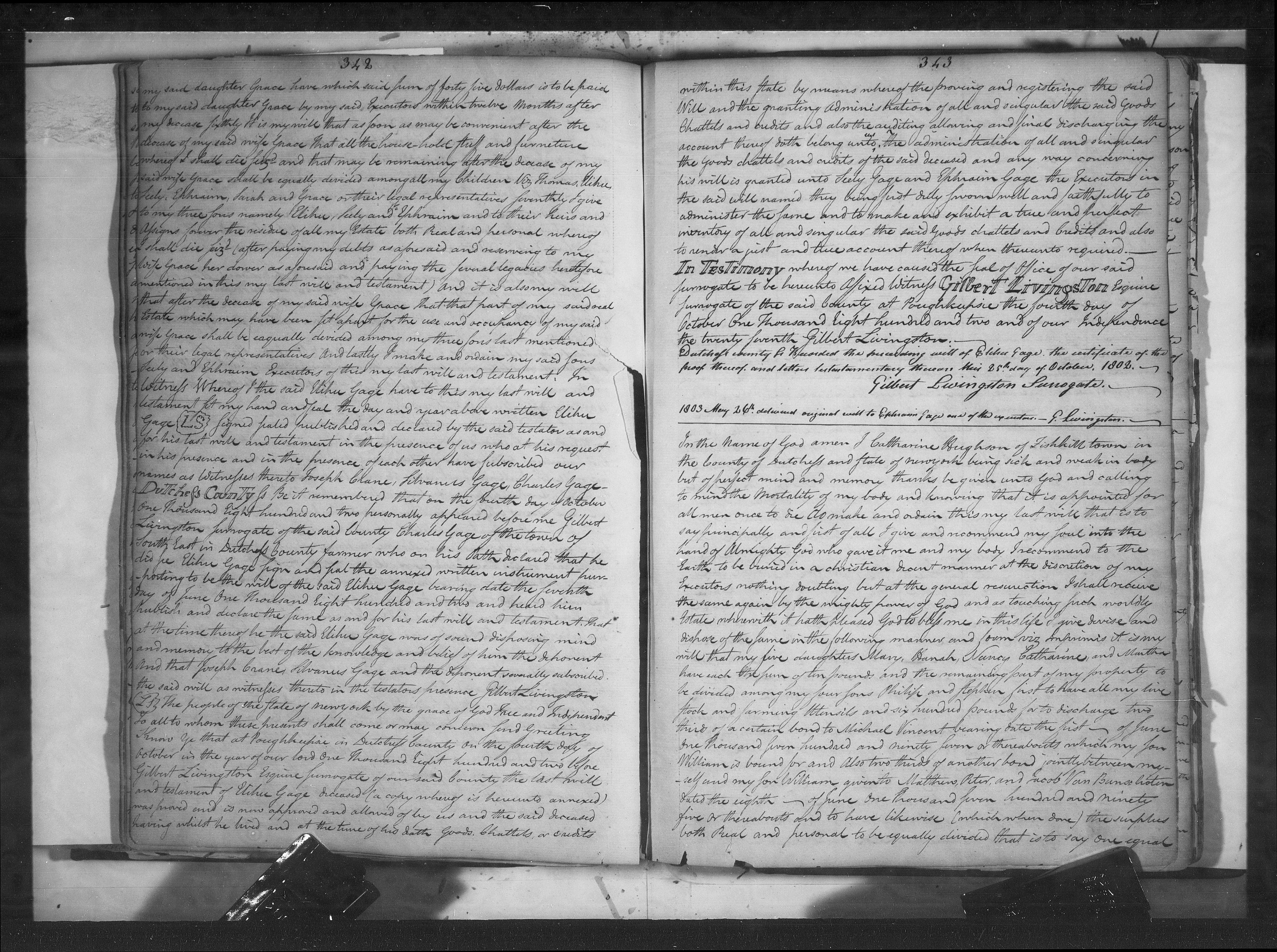 Photograph of an open Dutchess County Surrogate's Court will book at pages 342 and 343, in 19th-century handwriting, showing the residuary clause of Elihu Gage's will and the proof of probate dated October 4, 1802.