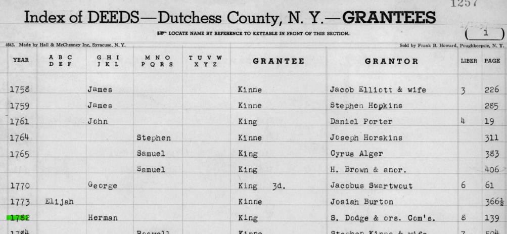 Index of Deeds, Dutchess County, N.Y. — Grantees, showing the 1782 entry for grantee Herman King, grantor S. Dodge & ors. Com's., Book 8 Page 139.