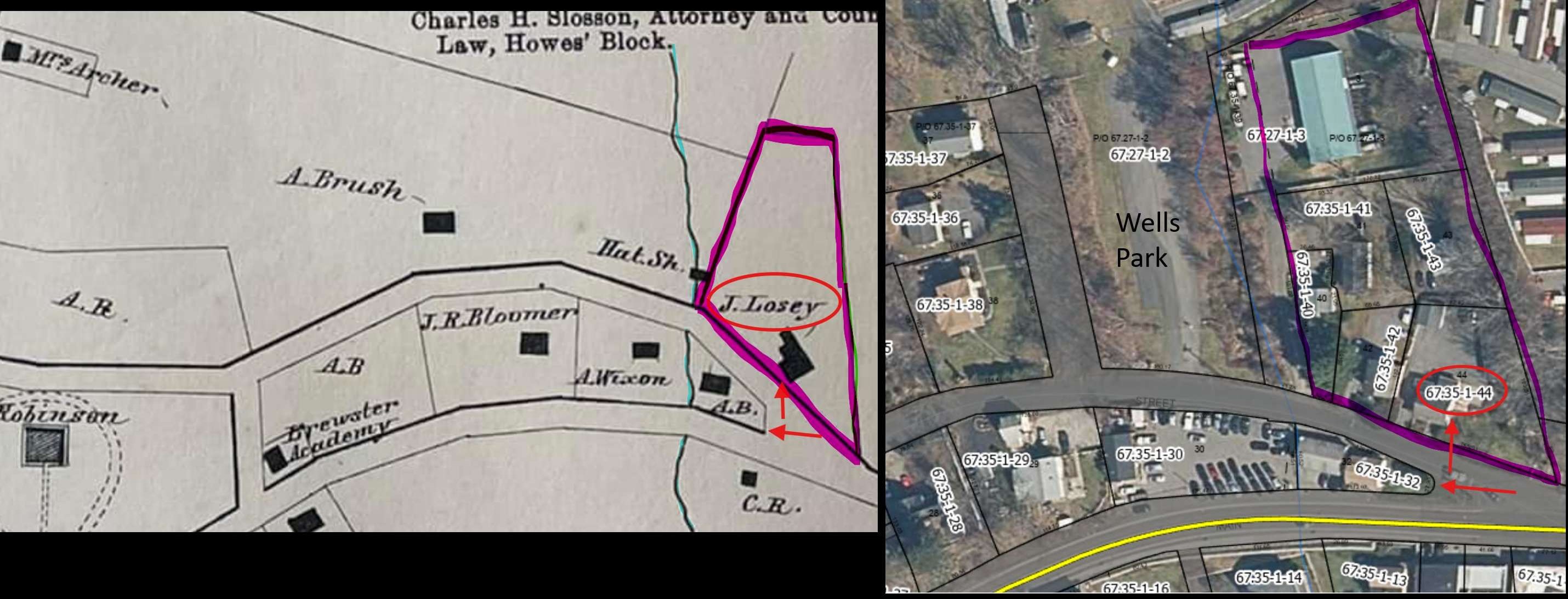 Side-by-side comparison. Left: detail of the 1867 Beers, Ellis & Soule Atlas of New York village plate of Brewsters Station, showing "A. Brush", "Hat. Sh." (Hat Shop), and "J. Losey" circled in red at a fork in the old highway. Right: present-day aerial of the same ground showing the modern tax-parcel boundaries, with Wells Park labeled and parcel 67.35-1-44 circled at the eastern fork.