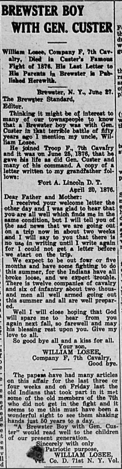 Photograph of a long newspaper column from the Brewster Standard, June 1926, headlined "BREWSTER BOY WITH GEN. CUSTER" with subhead "William Losee, Company F, 7th Cavalry, Died in Custer's Famous Fight of 1876. His Last Letter to His Parents in Brewster is Published Herewith." The column reproduces the full text of William's April 20, 1876 letter to his parents.