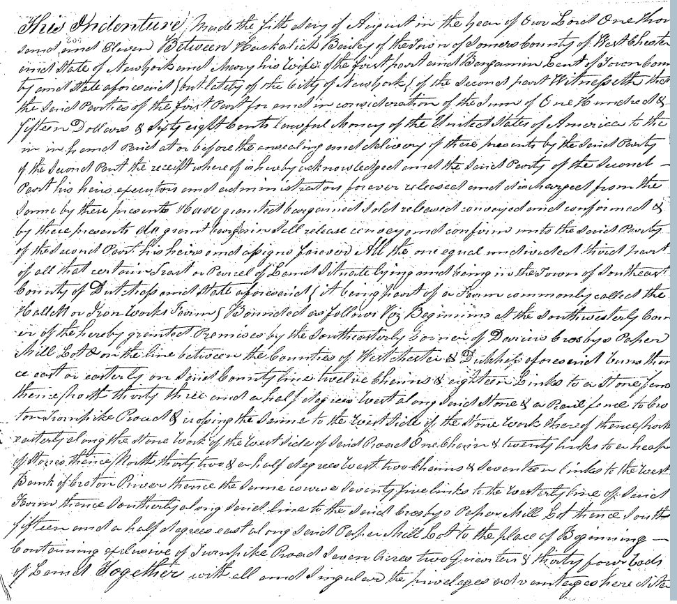 Faint handwritten record-book page in early nineteenth-century script: the opening of the August 1811 deed from Hackaliah Bailey and Mary his wife of Somers to Benjamin Lent, naming the Hallett or Iron Works Farm and David Crosby’s Paper Mill Lot.