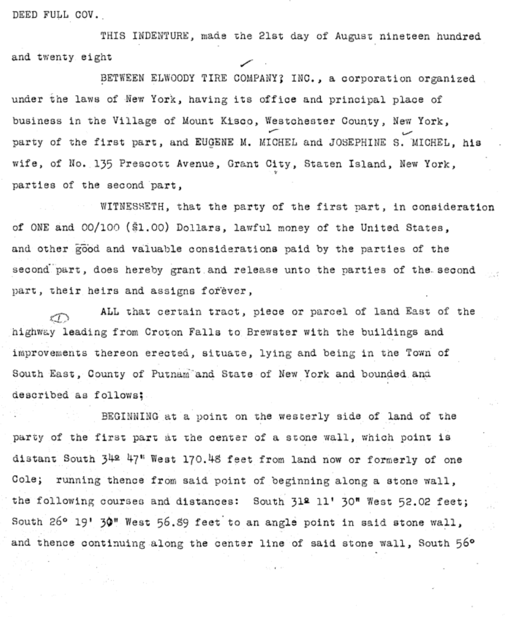 Typewritten record-book page: the first page of the August 1928 deed from Elwoody Tire Co., Inc. to Eugene M. and Josephine S. Michel, creating the 10.036-acre house parcel.