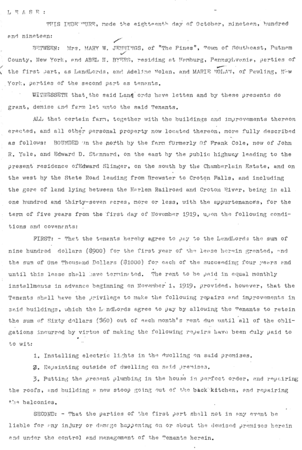 Typewritten record-book page: the first page of the October 1919 lease between Mrs. Mary W. Jennings of “The Pines,” Abel H. Byers, and Adeline and Marie Nolan of Pawling.