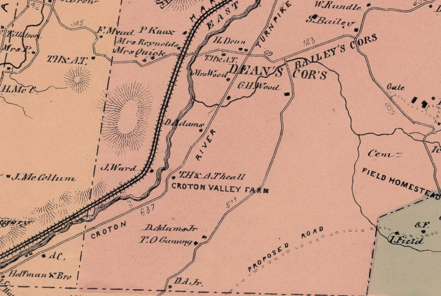 Detail of an 1867 county atlas plate, tinted salmon: the Harlem Railroad and Croton River curve down the left side, the East Turnpike crosses at Dean&rsquo;s Corners and Bailey&rsquo;s Corners, and a farmstead is lettered &lsquo;T.H. & A. Theall &mdash; Croton Valley Farm&rsquo;. Nearby names include Mrs. Quick, Mrs. Reynolds, H. Dean, G.H. Wood, S. Bailey, D. Adams, T.O. Ganong, and Field Homestead.