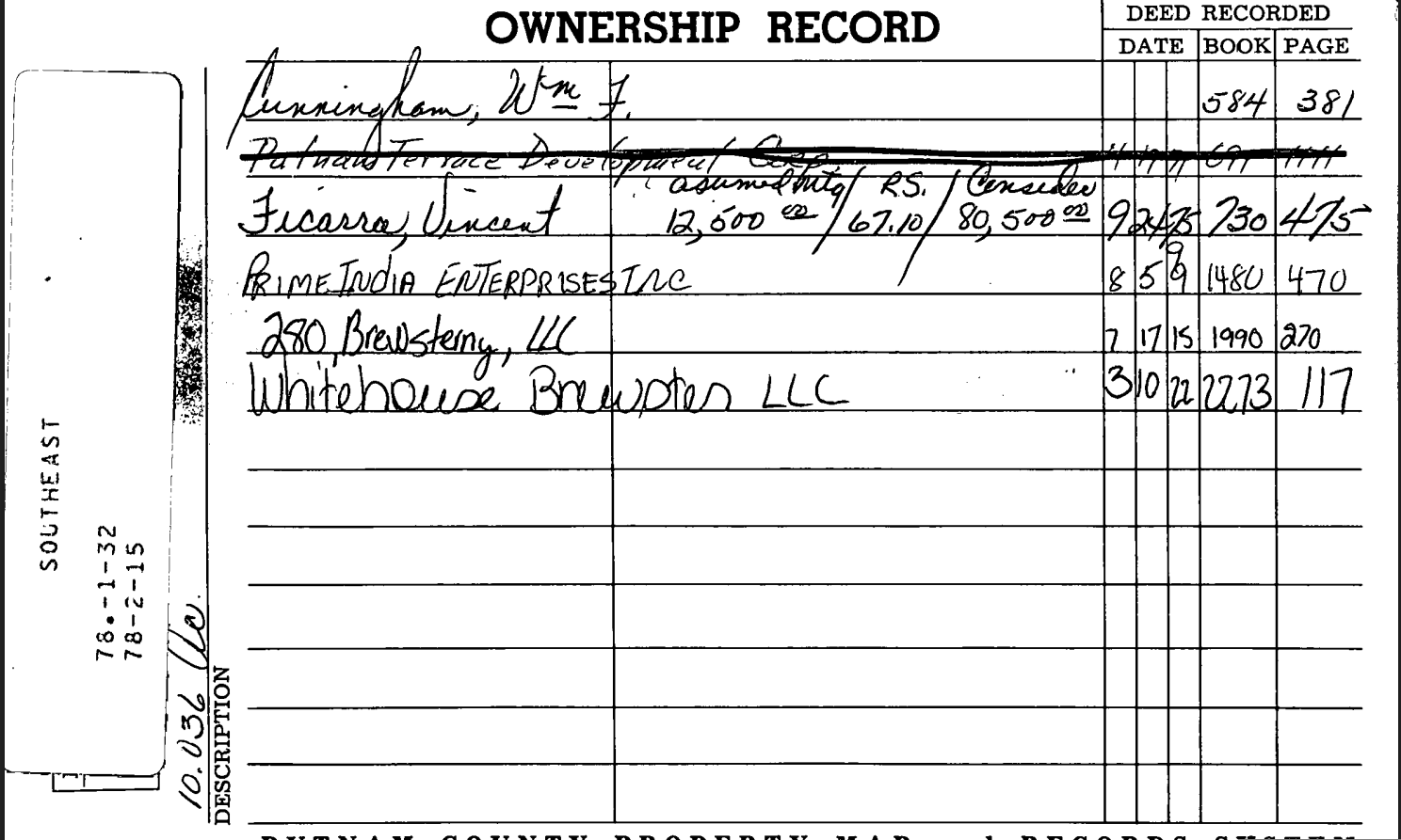 Assessor’s typed ownership record card for the parcel, listing successive owners and deed references from the Michels through the present corporate owner.