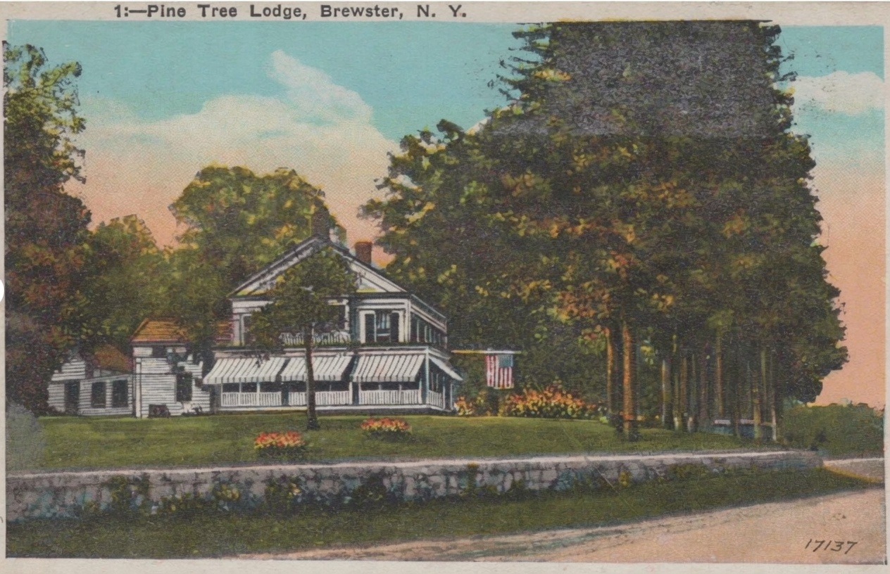 Hand-coloured picture postcard: closer view of the same white house, its long veranda shaded by striped awnings, an American flag hanging from the wing, flower beds on the lawn, a low outbuilding at left, and the stone retaining wall and road across the foreground. Printed caption at top reads &lsquo;1:&mdash;Pine Tree Lodge, Brewster, N. Y.&rsquo;