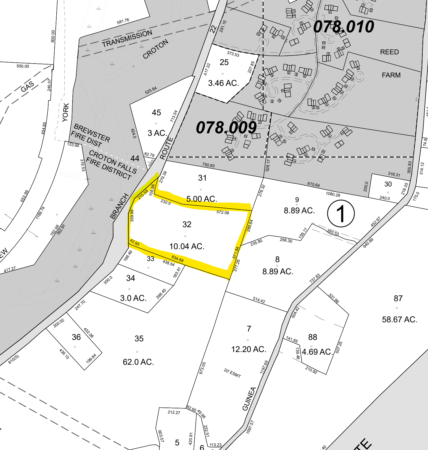 Modern tax map of the parcel with segments of its boundary highlighted in yellow, showing the correspondence between the current lot lines and the courses of the 1926 Schaefer survey recited in the 1928 deed.