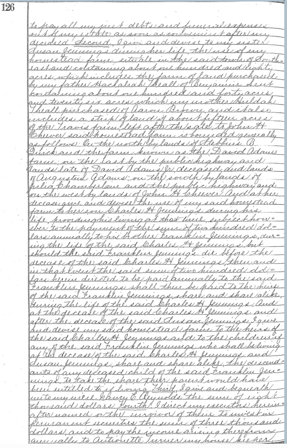 Handwritten record-book page numbered 126 in careful copperplate: the second clause of Arvah Theall’s will, devising the use of his homestead farm to his sister Susan Jennings for life and reciting the farm’s composition from the Lent and Brown purchases.