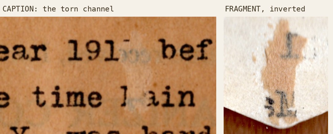 Side-by-side comparison: left, the caption's torn channel after 191 and through the M of Main; right, the envelope-flap fragment inverted, showing a serifed numeral 1 above a capital M.