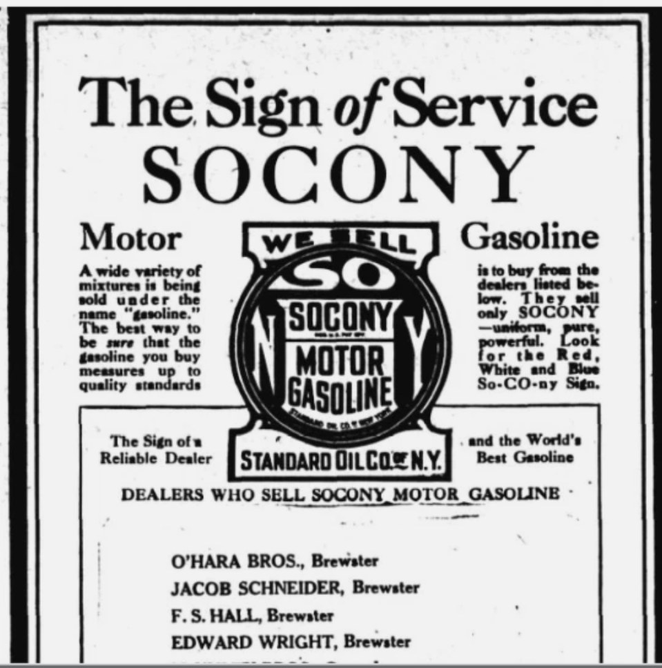 Newspaper advertisement: The Sign of Service, SOCONY Motor Gasoline, Standard Oil Co. of N.Y., with a list of dealers who sell SOCONY motor gasoline including F. S. Hall and Edward Wright of Brewster.