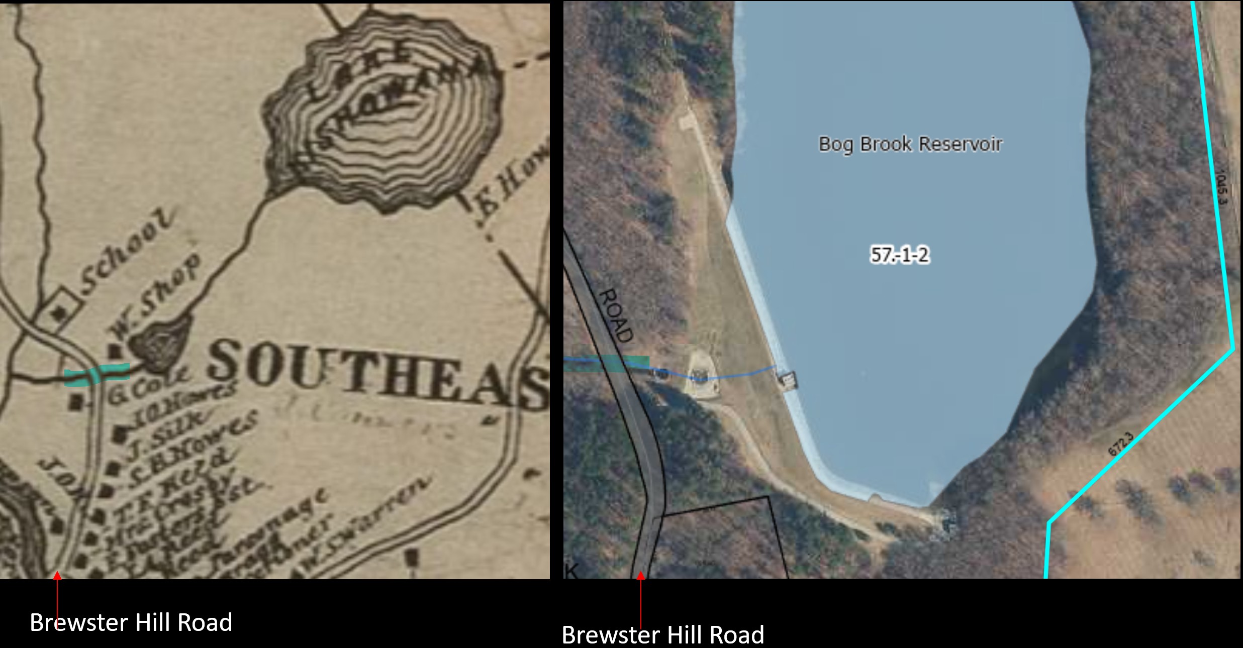 Side-by-side comparison: 1867 Beers map showing Lake Kishawana at Southeast Centre versus modern aerial showing Bog Brook Reservoir in its place