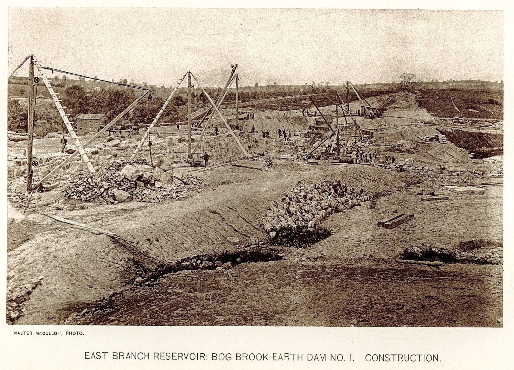 East Branch Reservoir: Bog Brook Earth Dam No. 1 Construction — cable system visible