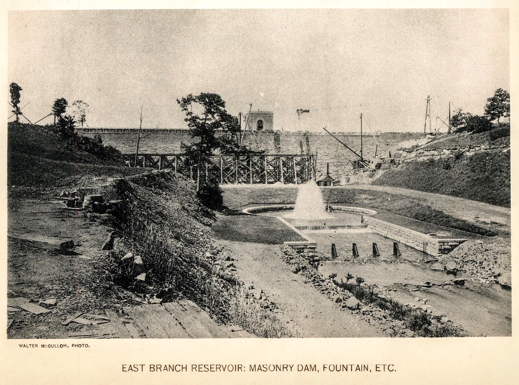 East Branch Reservoir: Masonry Dam, Fountain, Etc. — near-completion view