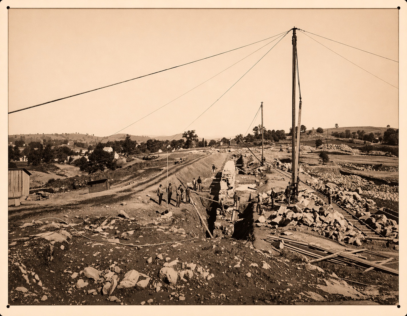Sodom Reservoir Under Construction — village buildings visible beside the construction zone
