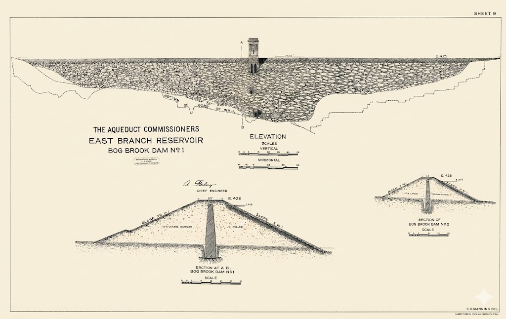 Sheet 9: East Branch Reservoir Bog Brook Dam No. 1 — elevation and cross-sections