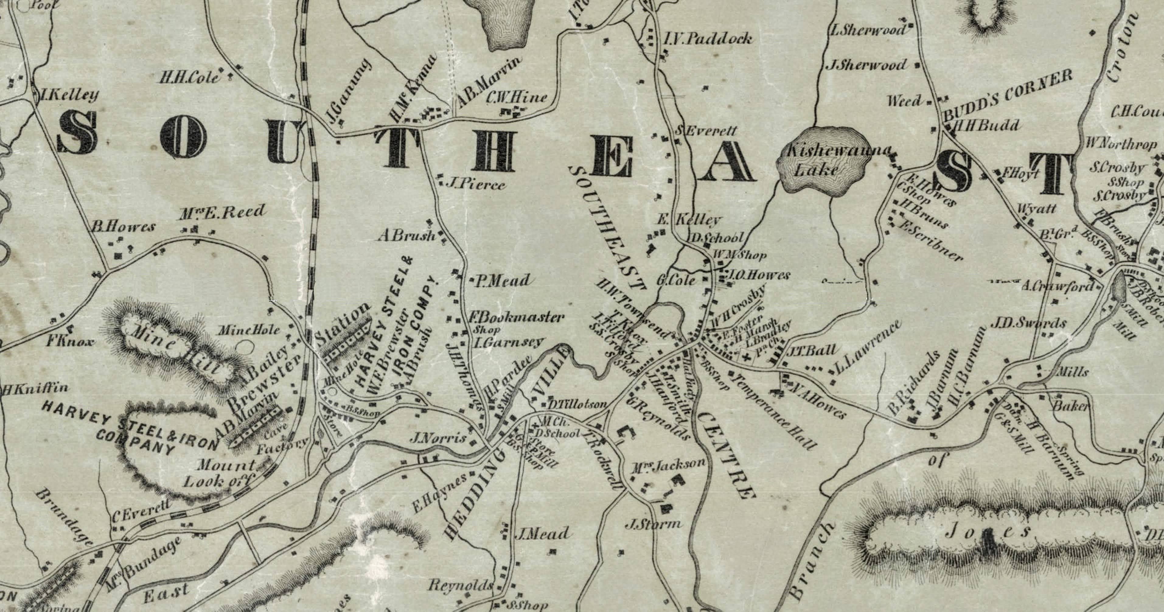 R.F. O'Connor's 1854 Map of Putnam County showing the natural lake (Mud Pond / Lake Kishawana) at the center of Southeast Centre